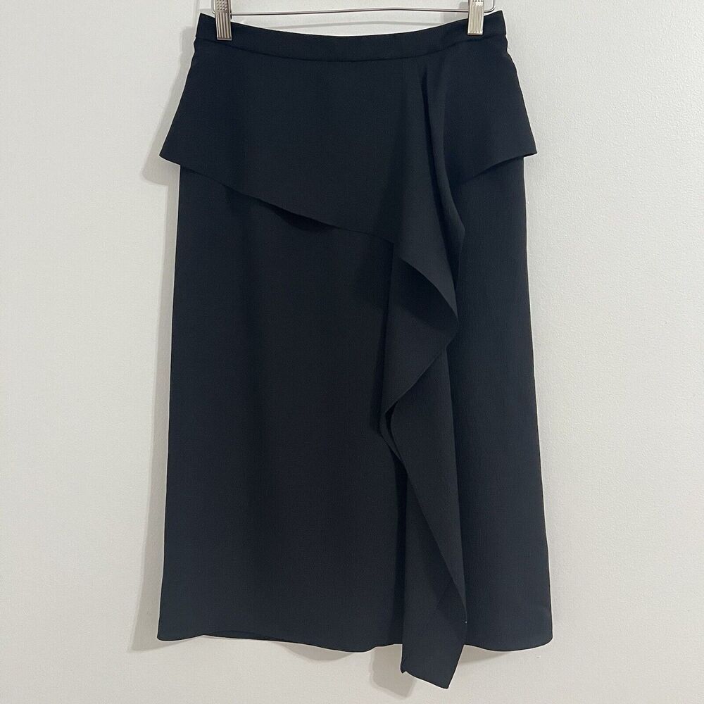 Jason Wu Midi Silk Skirt Size 6 Black Ruffle Front Peplum Minimalist Career